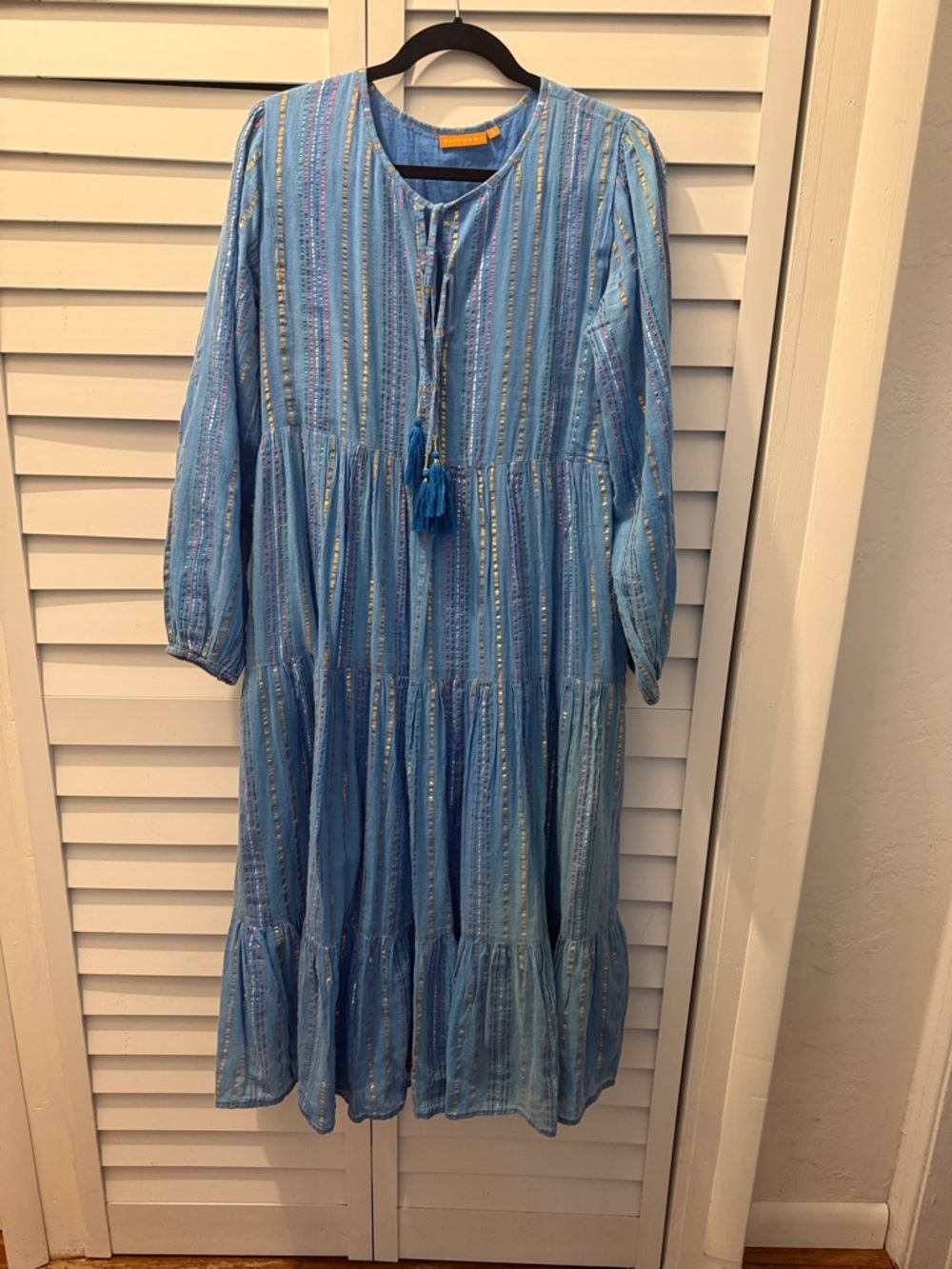 Oliphant 3-tiered Midi dress, Light blue with Sparkly Stipe Highlights. Size S
